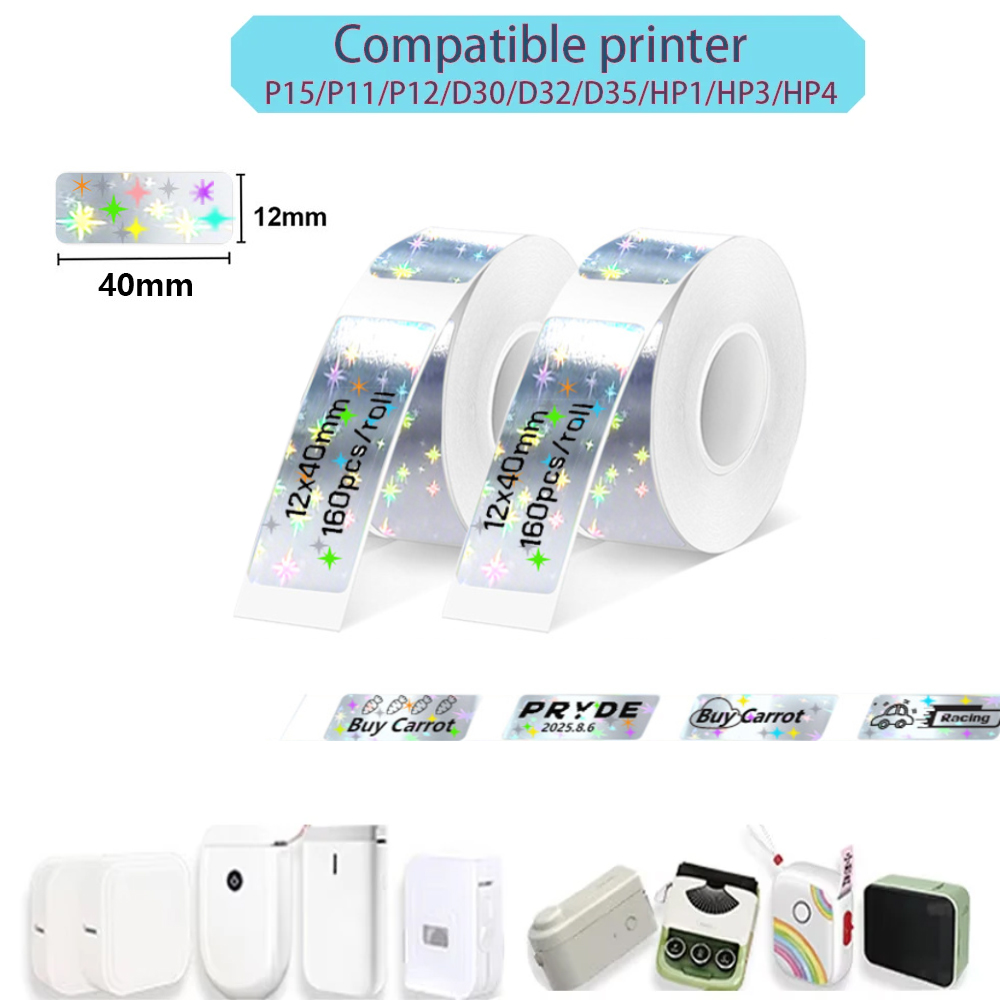 Label Printer Tape - เทปเครื่องพิมพ์ฉลาก P15 แบบพกพา ฉลากสติกเกอร์แบบมีกาวในตัว ขนาด 12*40